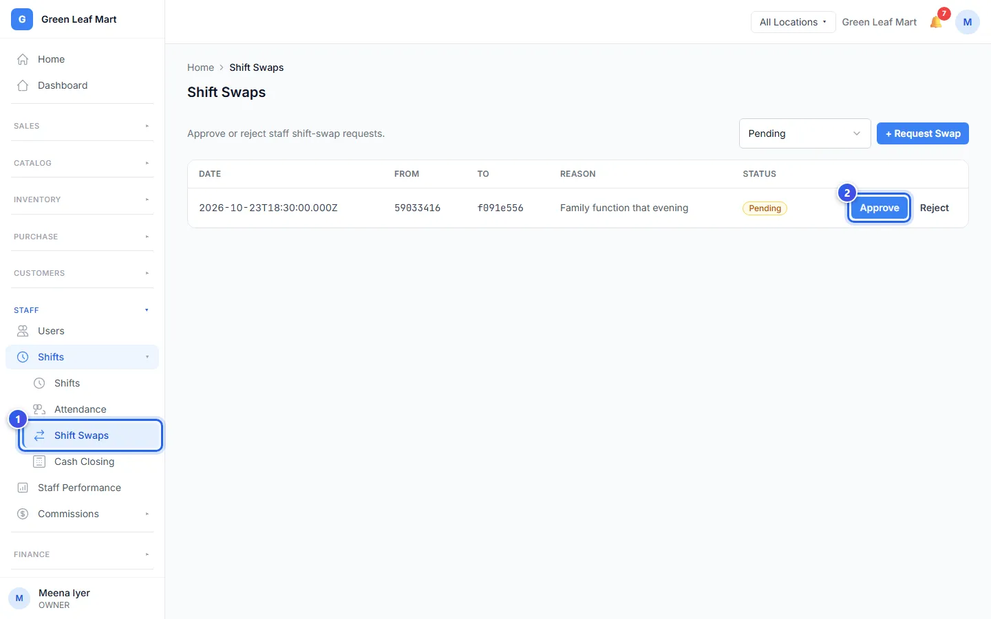 A pending swap request with the Approve and Reject buttons